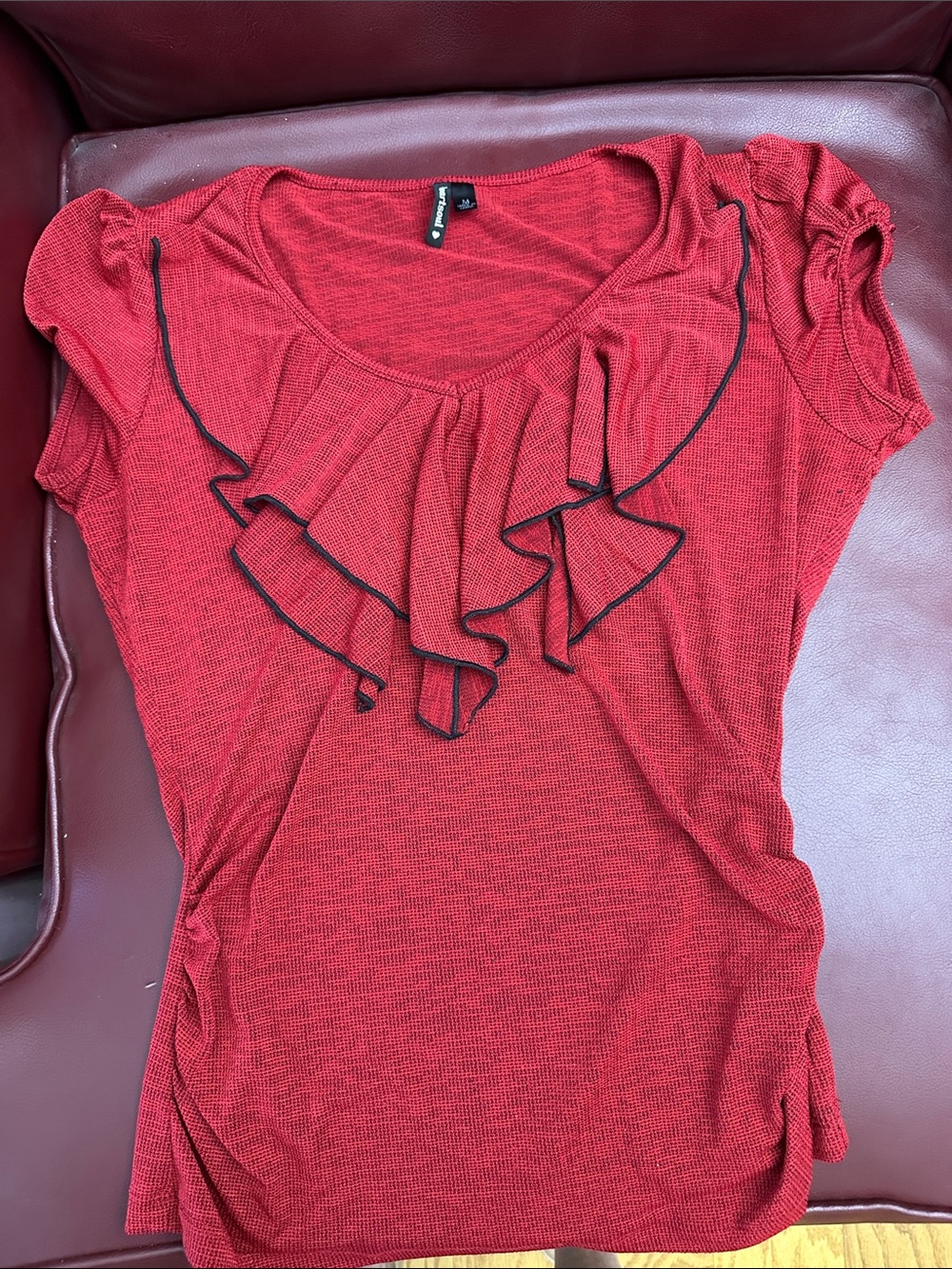 HeartSoul Red Ruffle-Front Short Sleeve Top with Black Trim